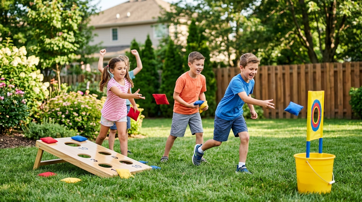 Children testing outdoor play gear and toys - best backyard games for kids who love co